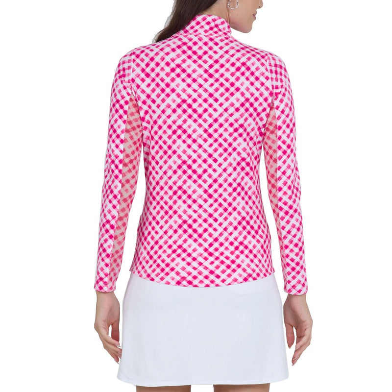 IBKUL Women's Gingham Print Long Sleeve Mock Neck Golf Top - Hot Pink/White