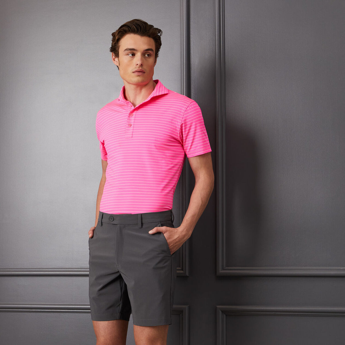 G/fore Clube Stripe Tech Jersey Golf Shirt - Knockout Pink