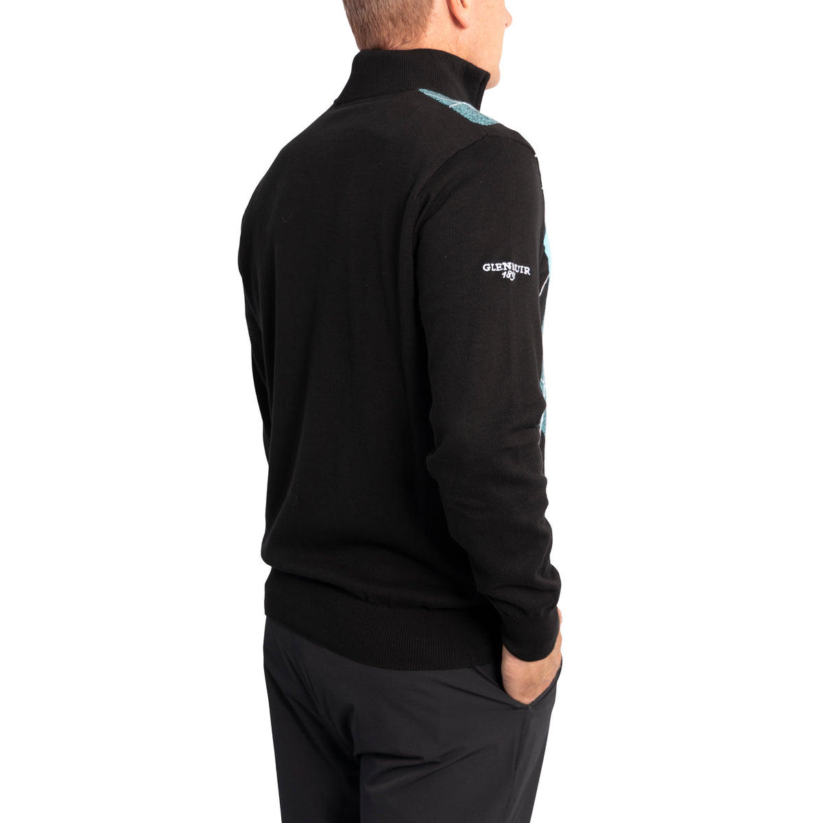 Glenmuir Lauder Quarter Zip Diamond Argyle Cotton Golf Pullover - Black/ Aqua