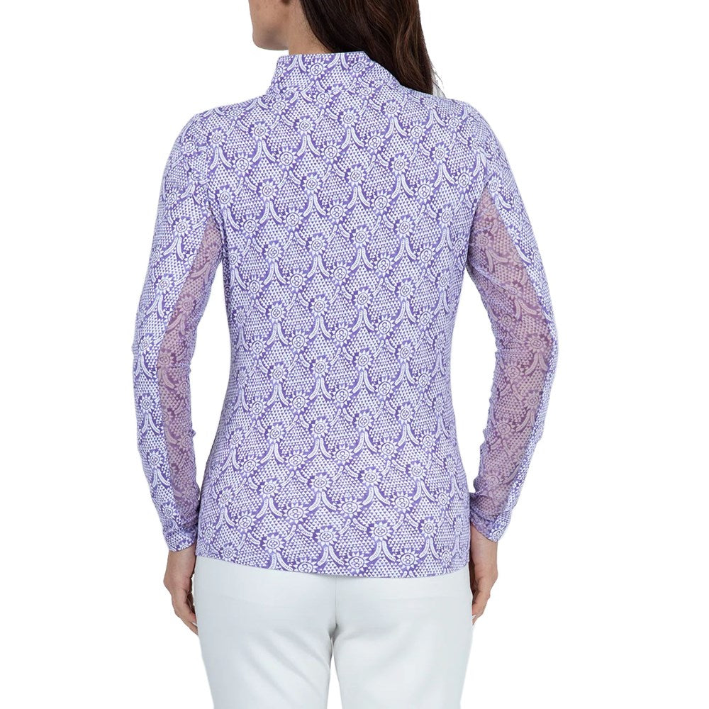 IBKUL Women's Leslie Print Long Sleeve Mock Neck Golf Top - Lavender/White