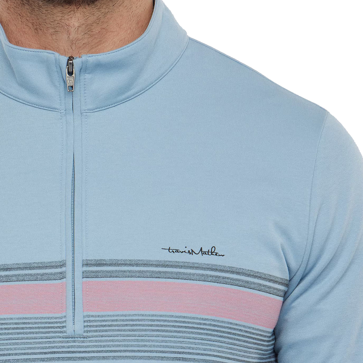 Travis Mathew Upgraded Striped Golf Quarter Zip - Ash Blue Chest Stripe