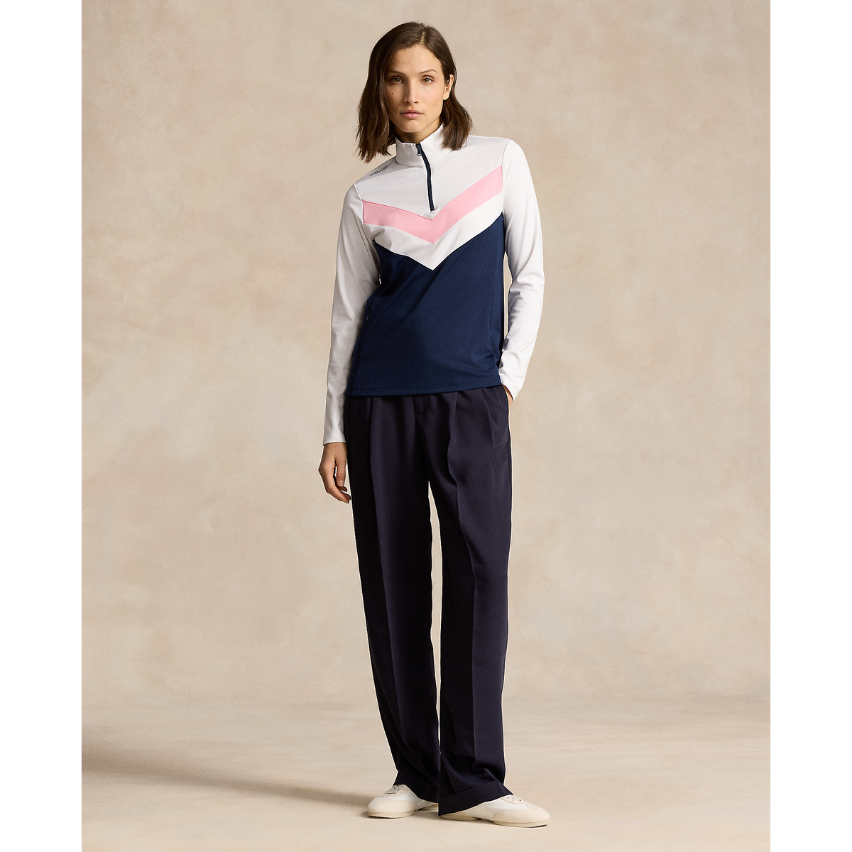 RLX Ralph Lauren Women's Power Stretch 1/4 Zip Pull Over - French Navy/White/Pink