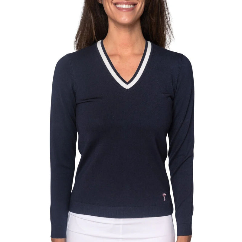 Golftini Women's Fashion V-Neck Sweater - Navy/White