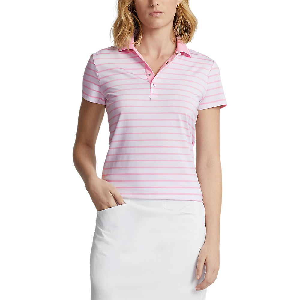 RLX Ralph Lauren Women's Tour Performance Stripe Golf Polo Shirt - Pure White/Pink Flamingo