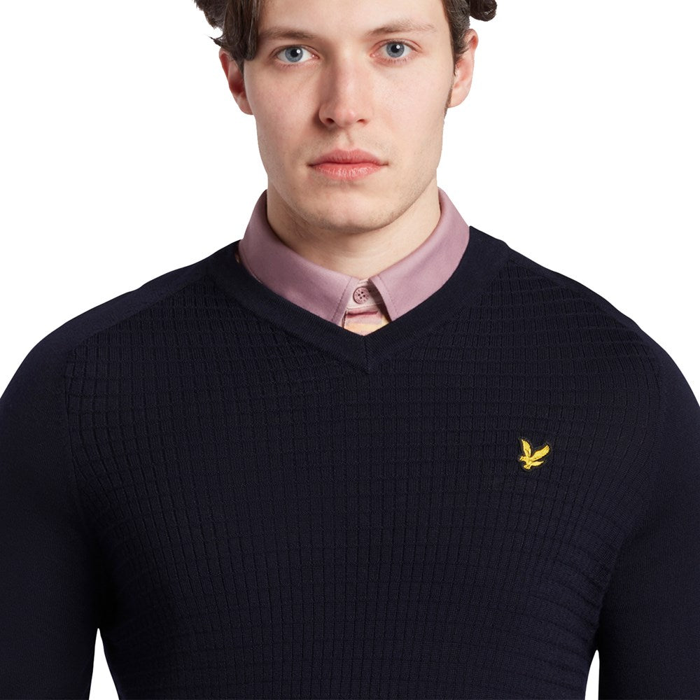 Lyle & Scott Merino Grid Texture V Neck Jumper - Navy